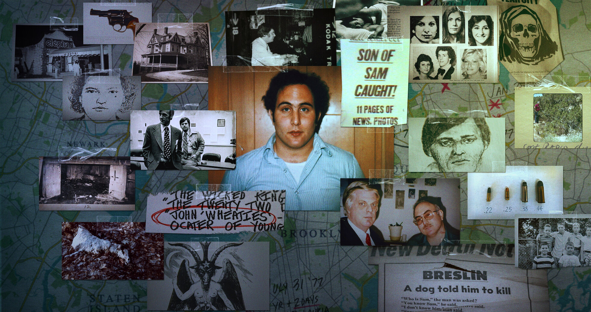 Collage of David Berkowitz, Son of Sam headlines, police sketches, bullets, and crime scene photos highlighting his cultural impact and media coverage.